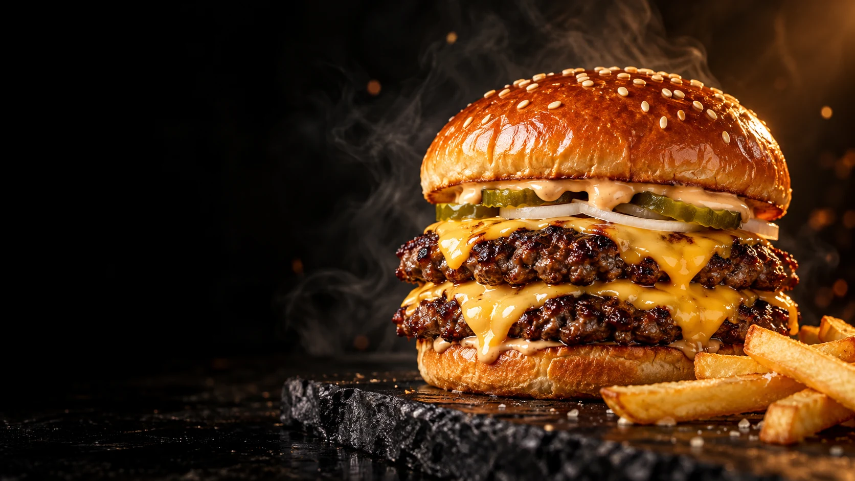 A golden double cheeseburger on black slate, glowing in warm light, with crisp fries and wisps of smoke.